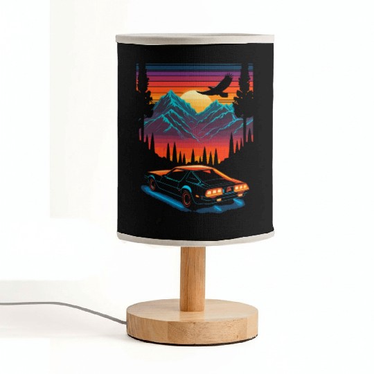 1980s Muscle Car and Retro Neon Mountain Sunset Fabric Lamps
