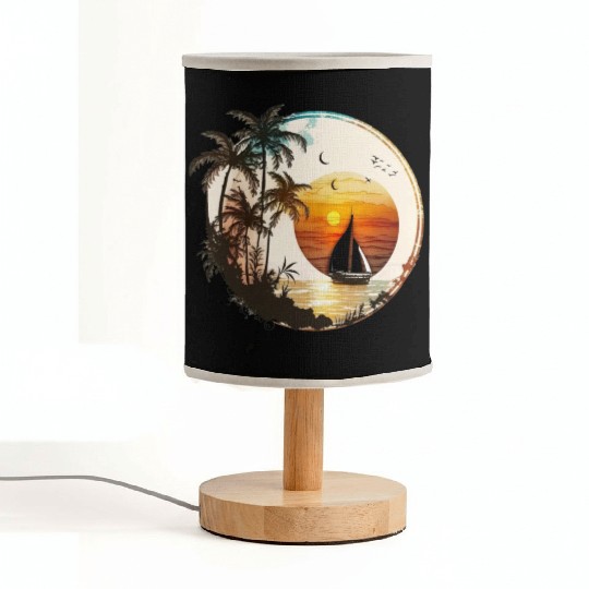 Beach Sunset Sailboat Palm Trees Ocean Vacation 2 Fabric Lamps