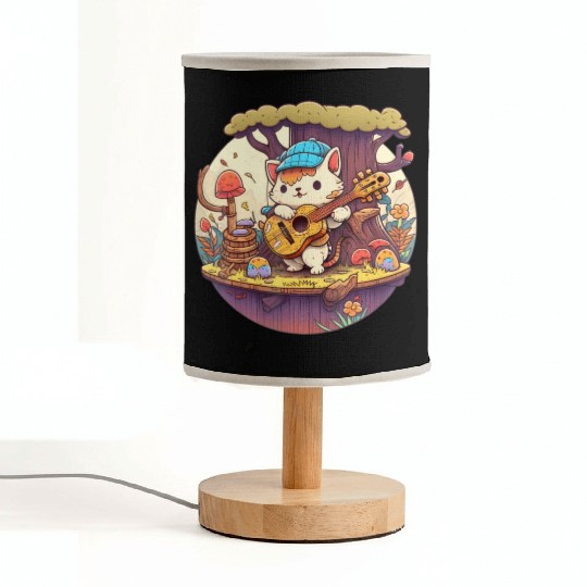 Cute Kawaii Cat Playing Guitar Banjo On Log Fabric Lamps