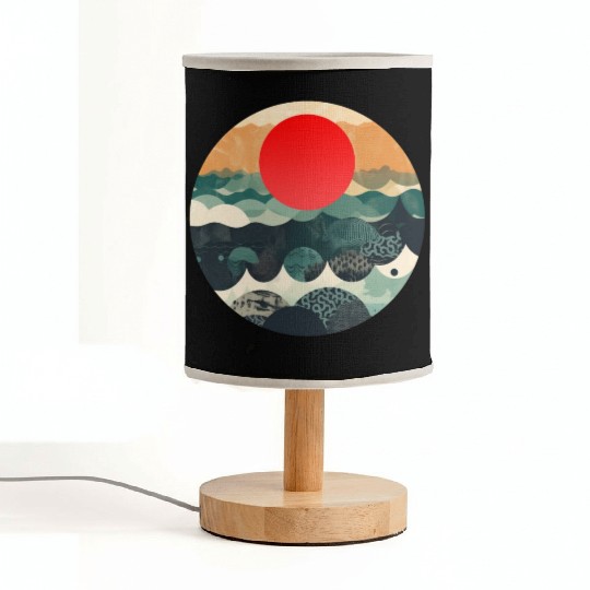 Red sun Japanese Art Inspired Patterned Ocean Fabric Lamps