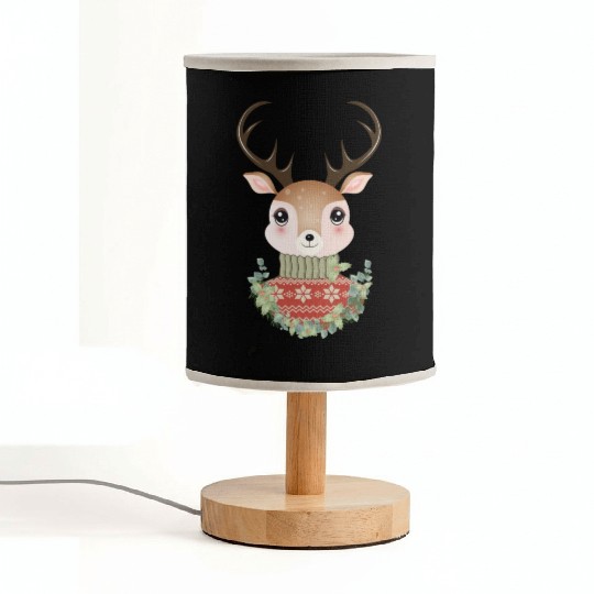 cute deer with sweater and Christmas wreath Fabric Lamps