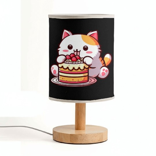 Cherry Cake Delight: Sweet Comic Cat Indulges Fabric Lamps