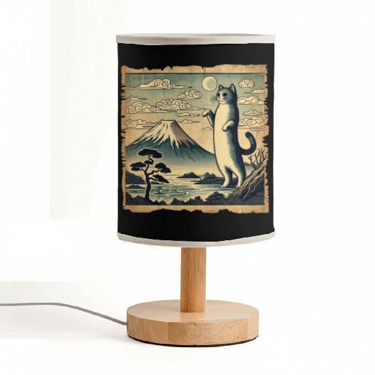 Mt. Fuji Kitten Papyrus Scroll Retro Japanese Art Fabric Lamps