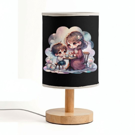 Mother and Son Enjoying a Cozy Tea Party Fabric Lamps