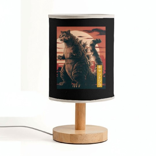 Funny Cute Cat Art Japanese Sunset Retro Catzilla Fabric Lamps