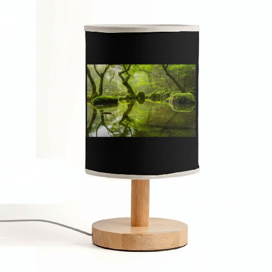 Enchanted Forest Reflections in Tranquil Pond Fabric Lamps