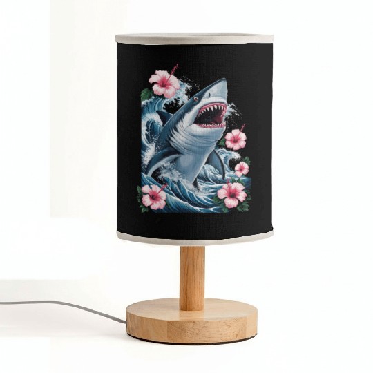 Fierce Shark Amidst Waves and Hibiscus Blooms Fabric Lamps