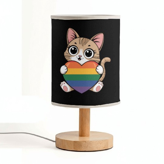 Cute Cat Holding Rainbow Heart LGTBQ Fabric Lamps