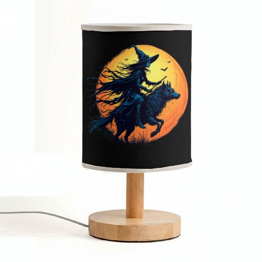 Halloween Witch Riding a Wolf Under Full Moon Fabric Lamps