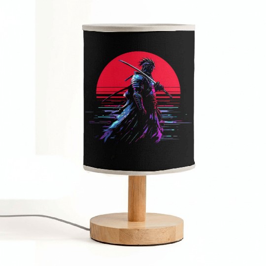 Cyberpunk Samurai Warrior Under Neon Moon Fabric Lamps