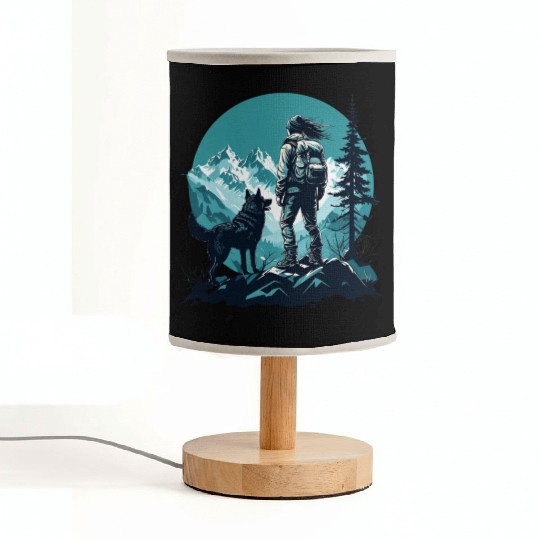 Adventurous Hiker With Dog Against Teal Mountain Fabric Lamps