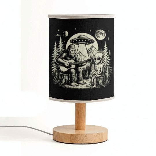 Bigfoot Playing Guitar With Alien And UFO Vintage Fabric Lamps
