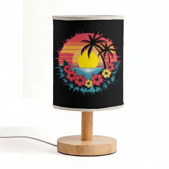 Tropical Sunset Paradise with Hibiscus and Palm Fabric Lamps