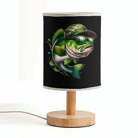 Camo Hat Bass Fish with Green Sunglasses Fabric Lamps