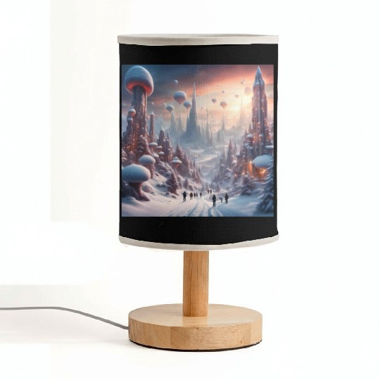 Futuristic Snowy Cityscape with Floating Balloons Fabric Lamps