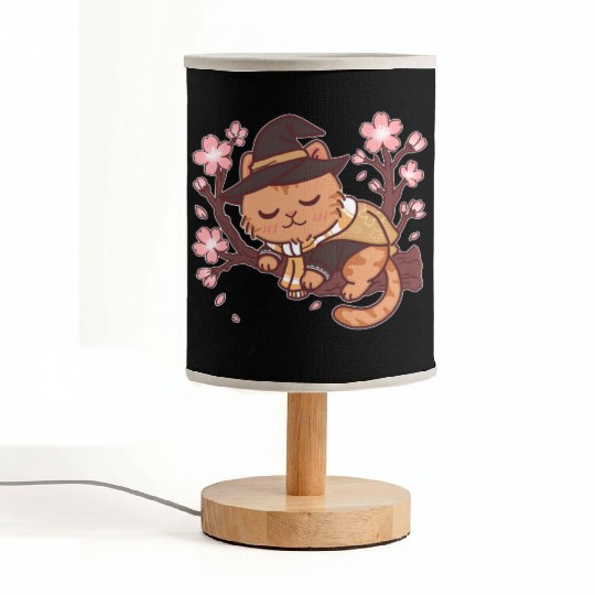 Whimsical Witch Cat in Cherry Blossom Tree Fabric Lamps