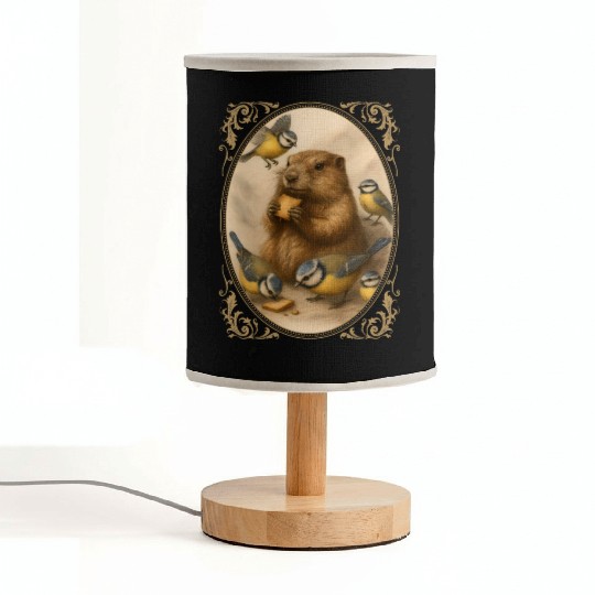 Marmot groundhog cute animal eating with birds Fabric Lamps