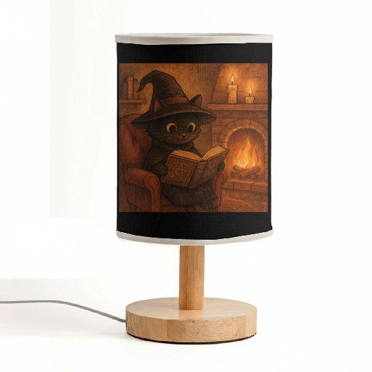 Enchanted Cat Witch by the Fireplace Fabric Lamps