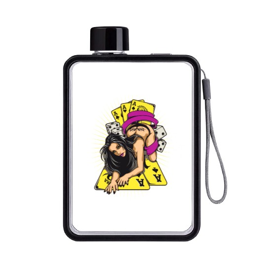 Sexy-girl-cards-aces-poker-game-cartoon Flat Water Bottles