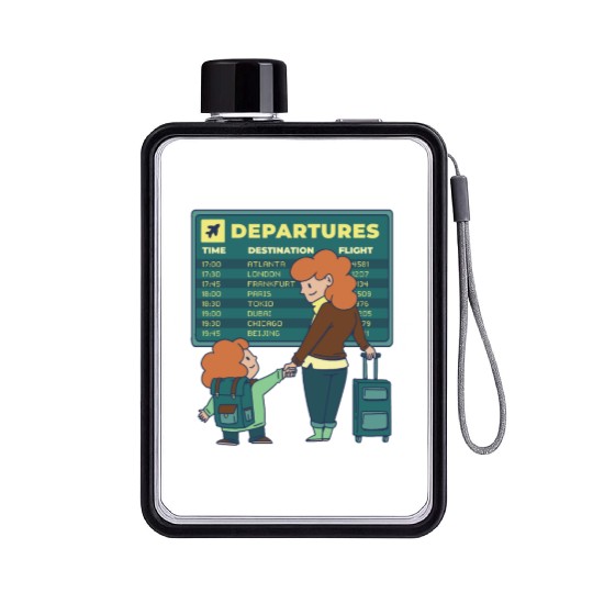Airport Departures Flight Mom and Son traveling Ai Flat Water Bottles