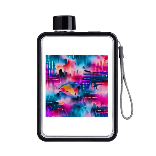 Abstract watercolor pattern in retro neon colors Flat Water Bottles