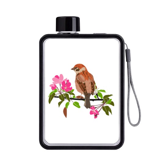 Sparrow on a branch pink flowers of an apple tree Flat Water Bottles