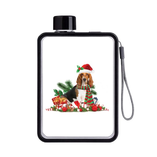 Christmas Basset Hound wearing a Santa Claus Hat Flat Water Bottles