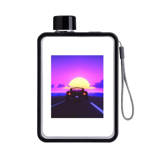 Vaporwave Aesthetic Sports Car Beach Sunset Flat Water Bottles