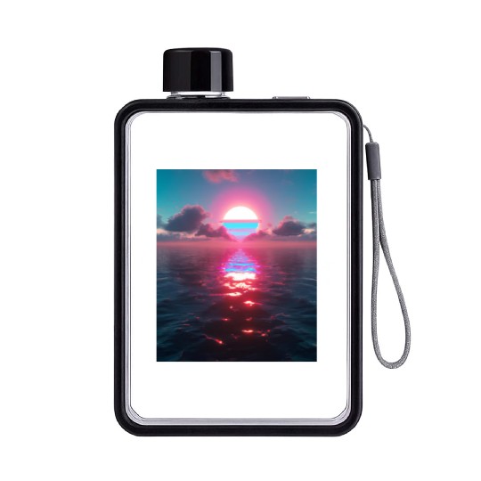 Vaporwave Aesthetic Sunset Above Reflecting Sea Flat Water Bottles