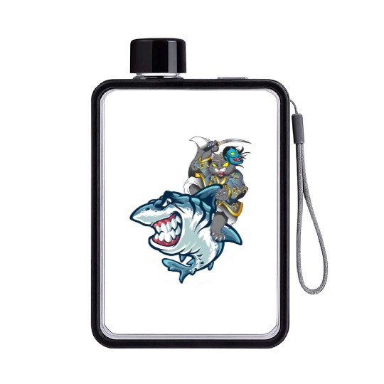 Cat Samurai Riding On Shark Flat Water Bottles