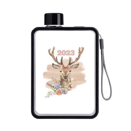 Brown Beige Watercolor Illustrated Deer Flat Water Bottles