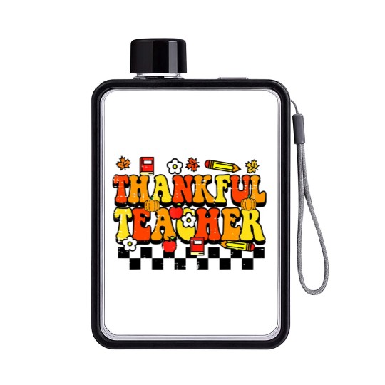 Thankful Teacher Retro Groovy Thanksgiving Fall Flat Water Bottles