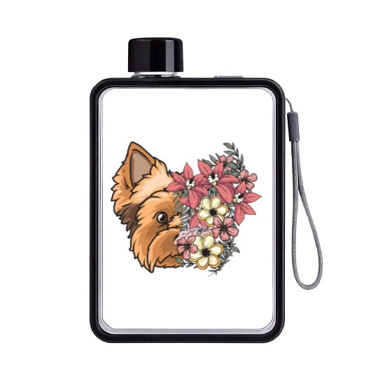 Yorkshire Terrier Dog Yorkie Face Flowers Flat Water Bottles
