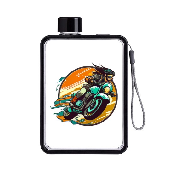Man Riding Green Motorcycle Flat Water Bottles
