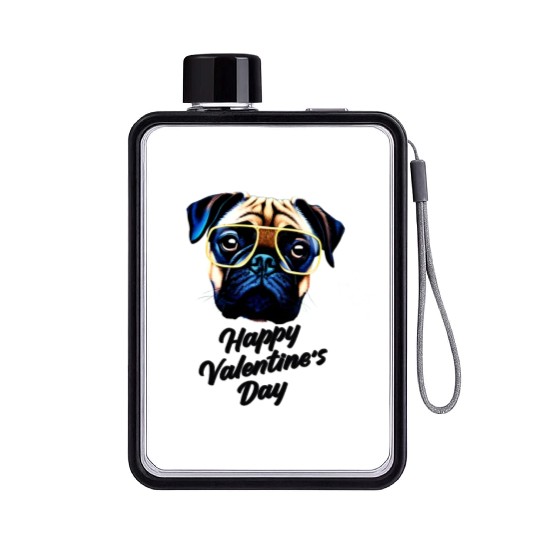 Pug dog eyeglasses happy valentine s day Flat Water Bottles