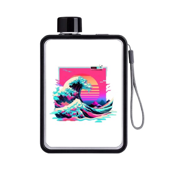 Vaperwave Aesthetic Glitch Great Wave Retrowave Sy Flat Water Bottles