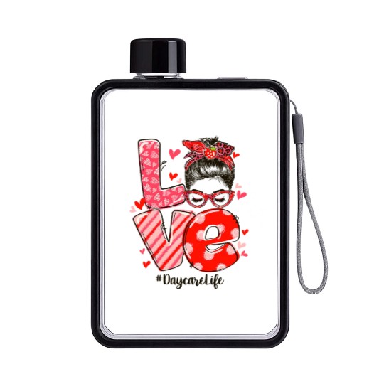 ove Messy Bun Daycare Teacher Valentines Day Flat Water Bottles