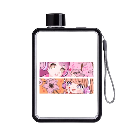 KPop Chibi Anime Gaming Girl Finger Heart Korean M Flat Water Bottles