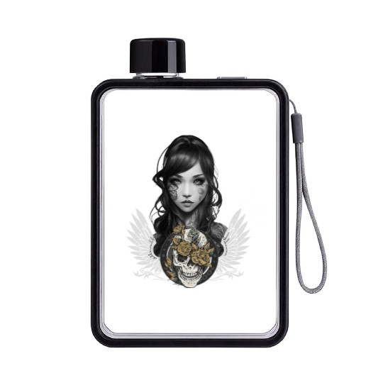 Gothic Girl Portrait Biker Babe Flower Skull Aesth Flat Water Bottles
