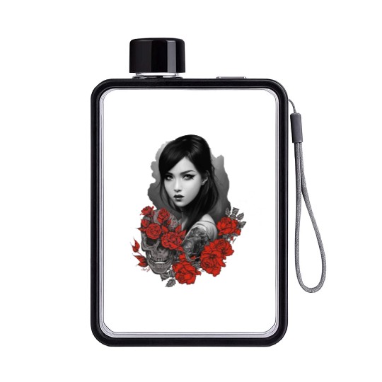 Gothic Biker Girl Rose Flower Skull Tattoo Goth Wo Flat Water Bottles