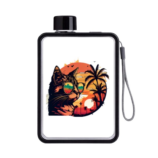 Retro Cat Vintage Sunset 80s 90s Sunglasses Party Flat Water Bottles