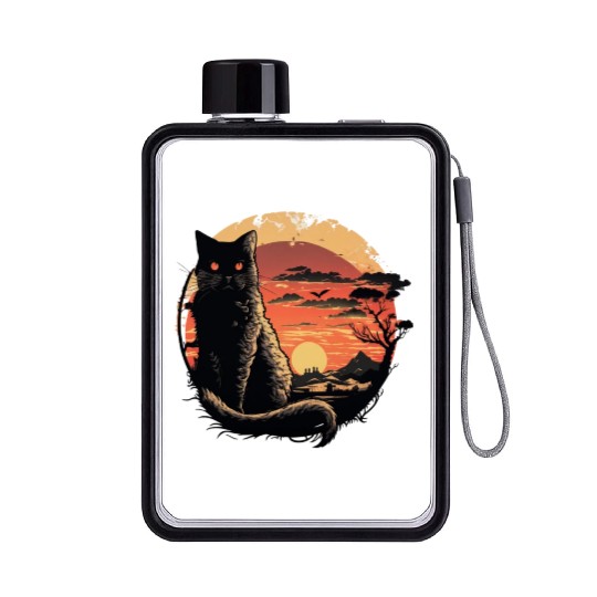 Catzilla Vintage Funny Cute black Cat Art Japanese Flat Water Bottles