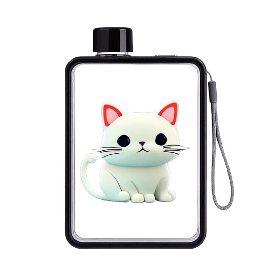 The Feline Fantasy A White Cat Chibi Design Flat Water Bottles