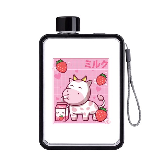Kawaii Pink Strawberry Cow Milk Shake Otaku Anime Flat Water Bottles