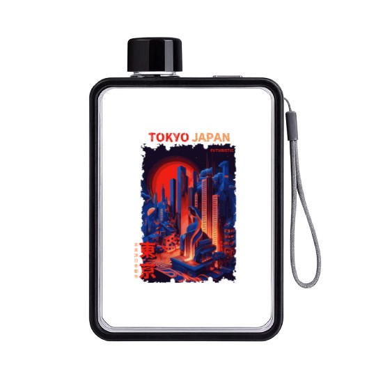Tokyo Japan Futuristic Cyber City Urban Vaporwave Flat Water Bottles