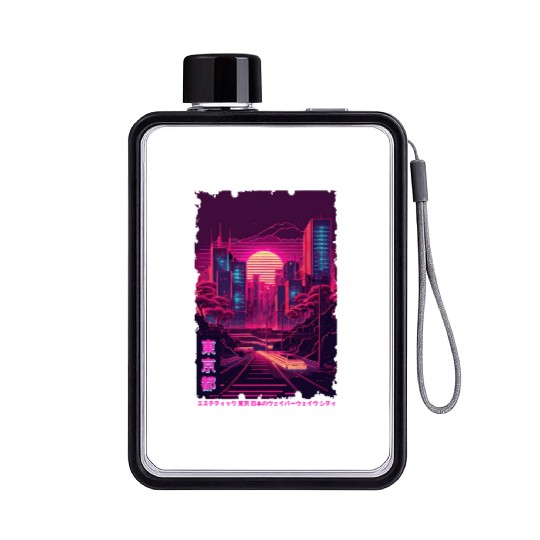 Vaporwave City Night Scene Tokyo Japanese Aestheti Flat Water Bottles