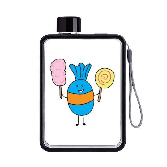 Cute Candy Holding Lollipop And Cutton Candy Flat Water Bottles