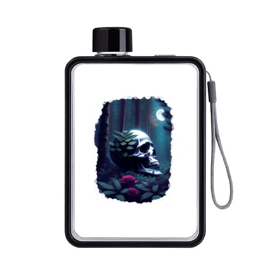 Skull and rose moonlight gothic themed art Flat Water Bottles