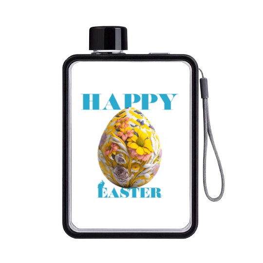 Happy Easter Egg Design with Floral Elements Flat Water Bottles