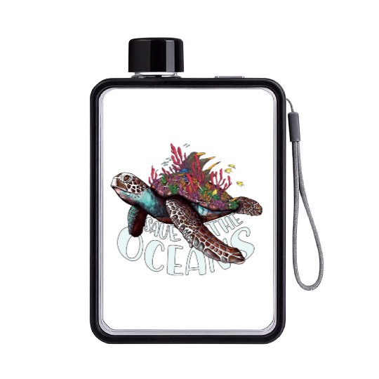 Save The Ocean Sea Turtle Reefs Cartoon Flat Water Bottles